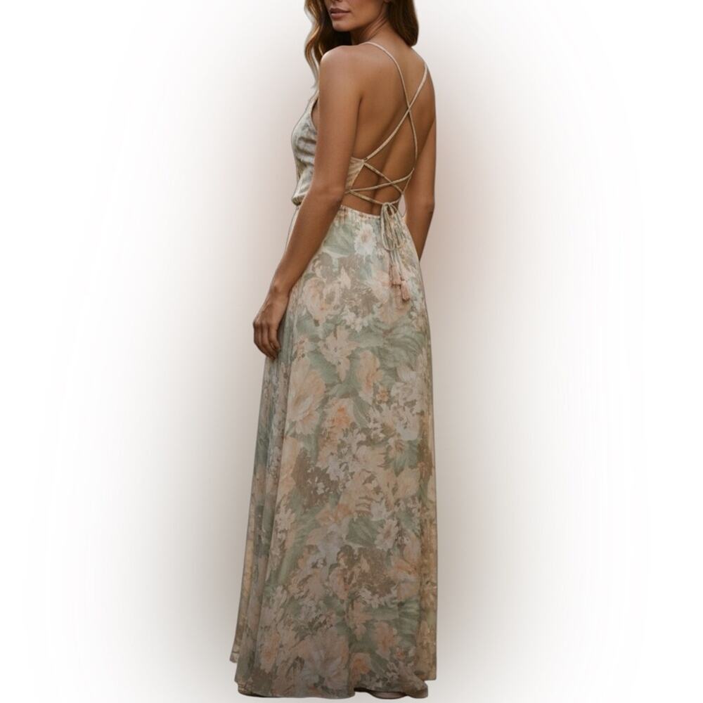 Romantic Floral Open Back Maxi Dress Peach Green Cream NWT M